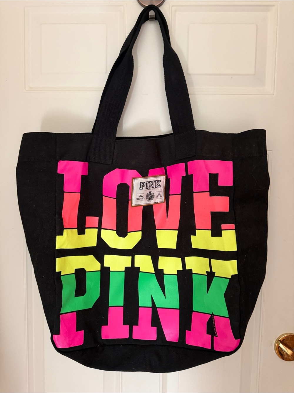 Victoria’s Secret Pink Black Canvas Tote Bag with Neon “LOVE PINK”.